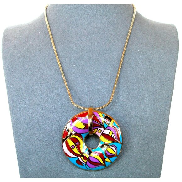 Colorful Enamel Abstract Pendant Necklace & Earrings Set By Charming Charlie - Picture 3 of 8